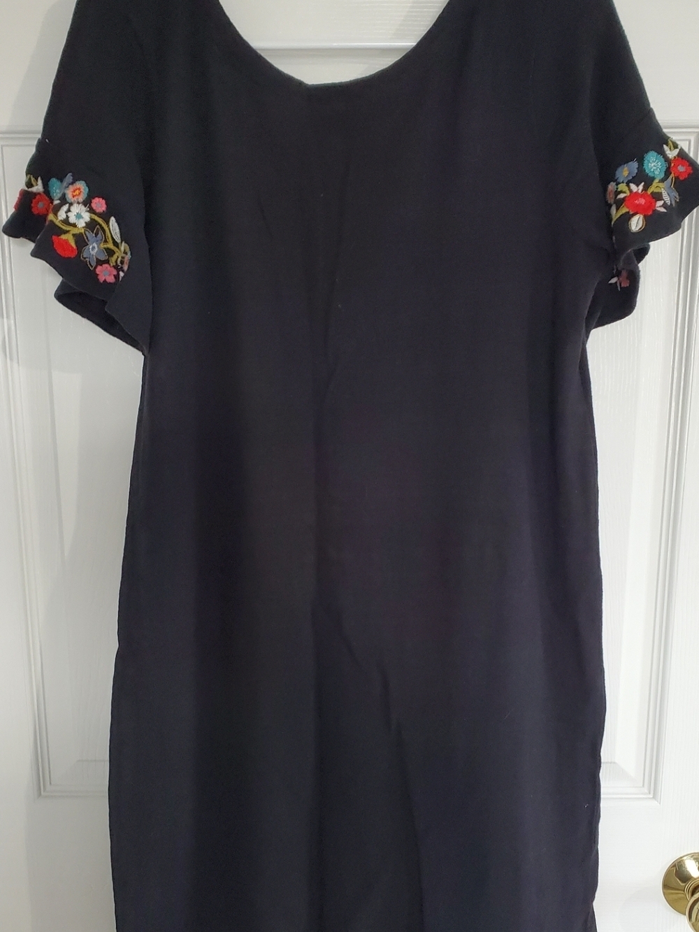 LOFT Black Midi Dress with Colorful Floral Sleeve Embroidery